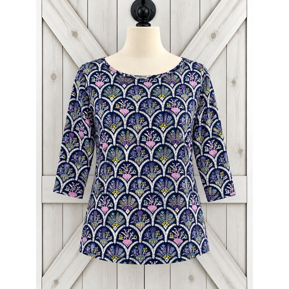 Talbots Knit Tee Size Petite Small Navy Blue Pink Floral Scallop 3/4 Sleeve Top
